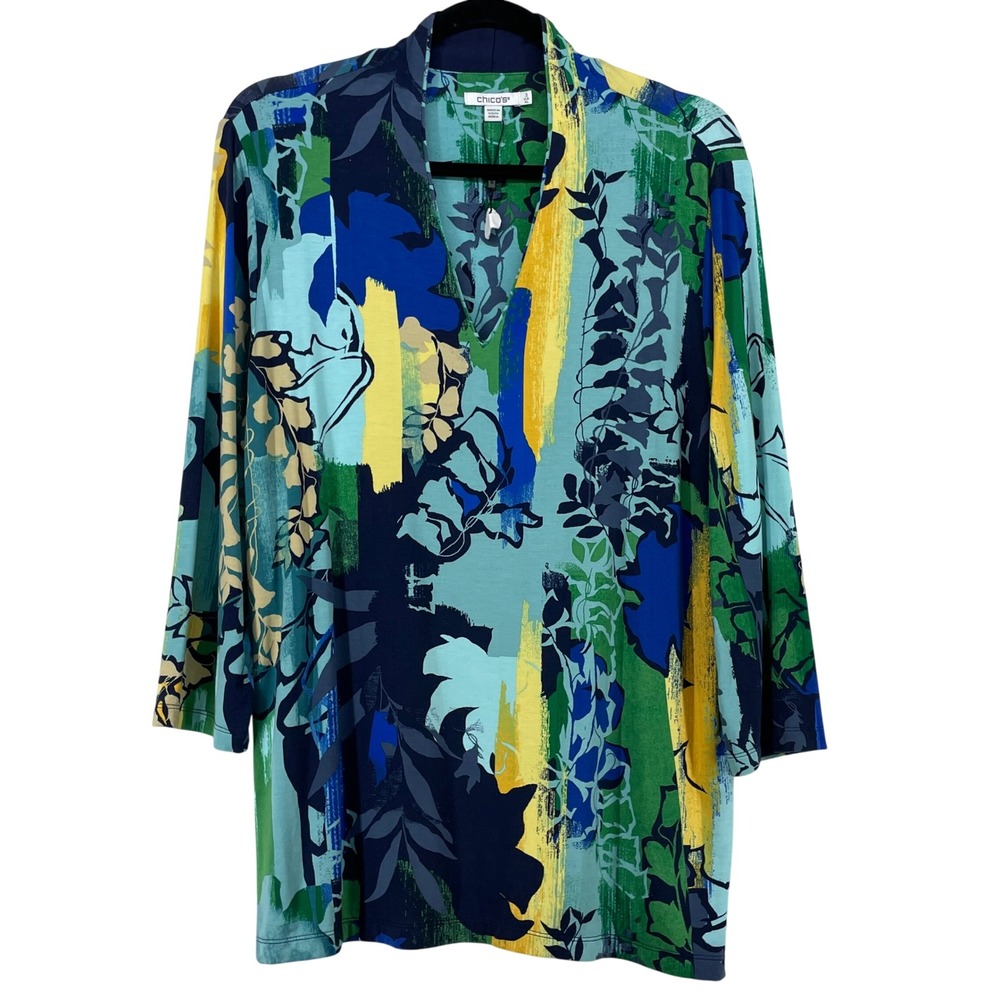 Chico's Size 3 XL Tunic Multicolor Abstract Floral V-Neck 3/4 Sleeve Womens